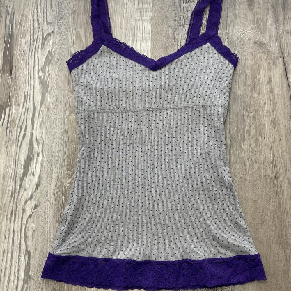 Kirra Tank Polka Dot Gray Purple Shelf Bra Y2K Lace Trim Size Small